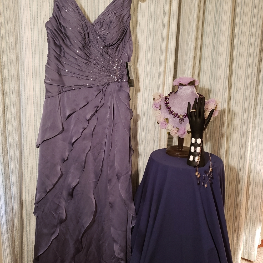 Floor length asymmetrical dress. Ignite Evenings brand.  Steel grey. Size 12